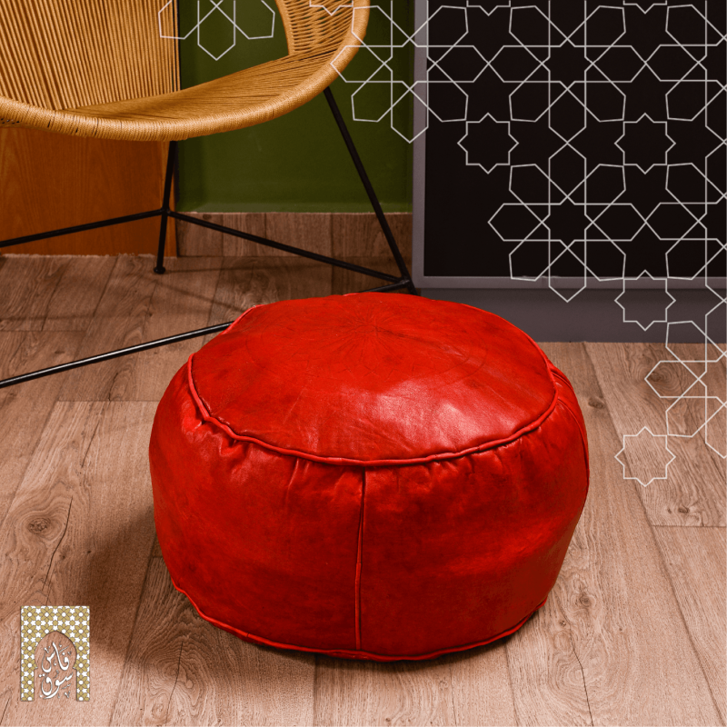 Artisanal Genuine Leather Pouf - Red