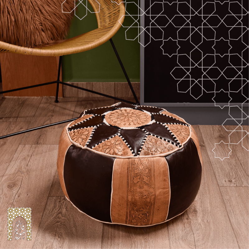 Artisanal Genuine Leather Pouf - Brown - Rbatia