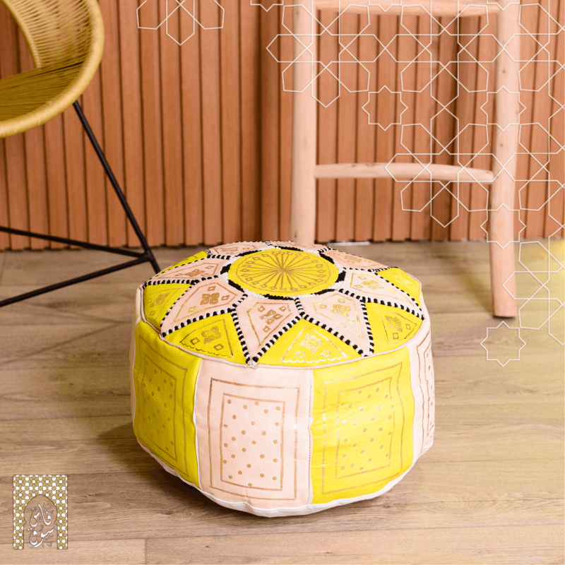 Artisanal Genuine Leather Pouf - Lemon - Fazia