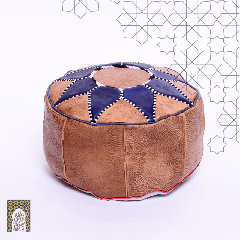 Handmade & Hand-SoitchedbMoroccan Pouf, Genuine Leather store Ottoman,bRoundbMoroccan Pouffe,bFootstool, Blue withbWhite Embroidery Color Pouf