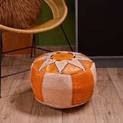 Artisanal Genuine Leather Pouf - Orange - Fazia